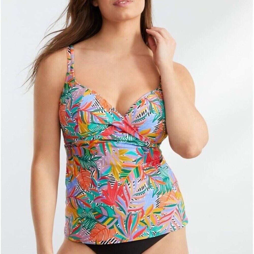 Birdsong Size 34DD Floral Tropical Floral Print Underwire Wrap Tankini Swim Top